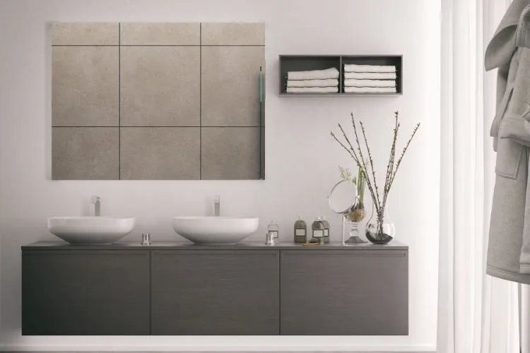 Une salle de bain grise et blanche moderne avec une double vasque