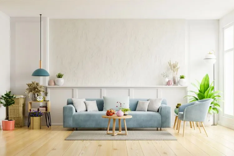 Salon style scandinave dans les tons bleu, rose et vert pastel