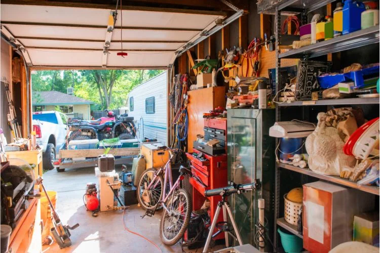 Un garage qui sert d'espace de stockage pour des matériels et des vélos.