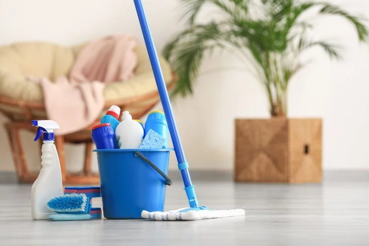 Des produits et une serpillère pour laver le sol