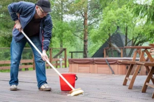 Homme nettoyant une terrasse avec un balai brosse